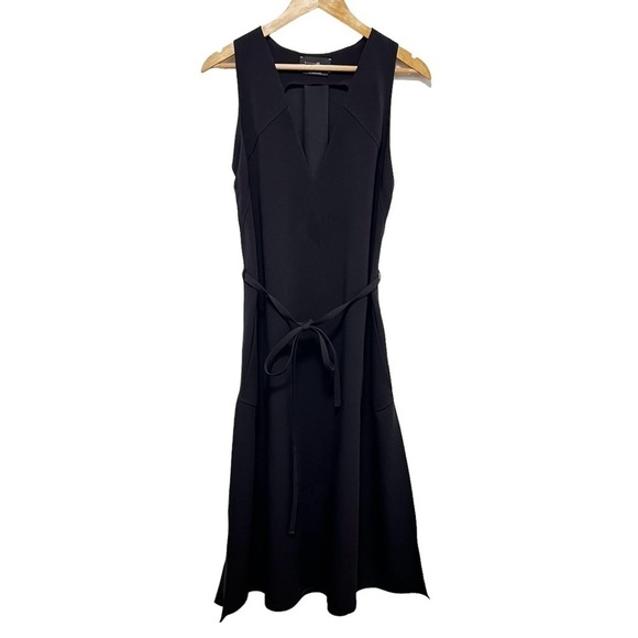 BABATON Aritzia Black V Neck Tie Waist Midi Dress With Dramatic Side Slits Sz M - Picture 1 of 9